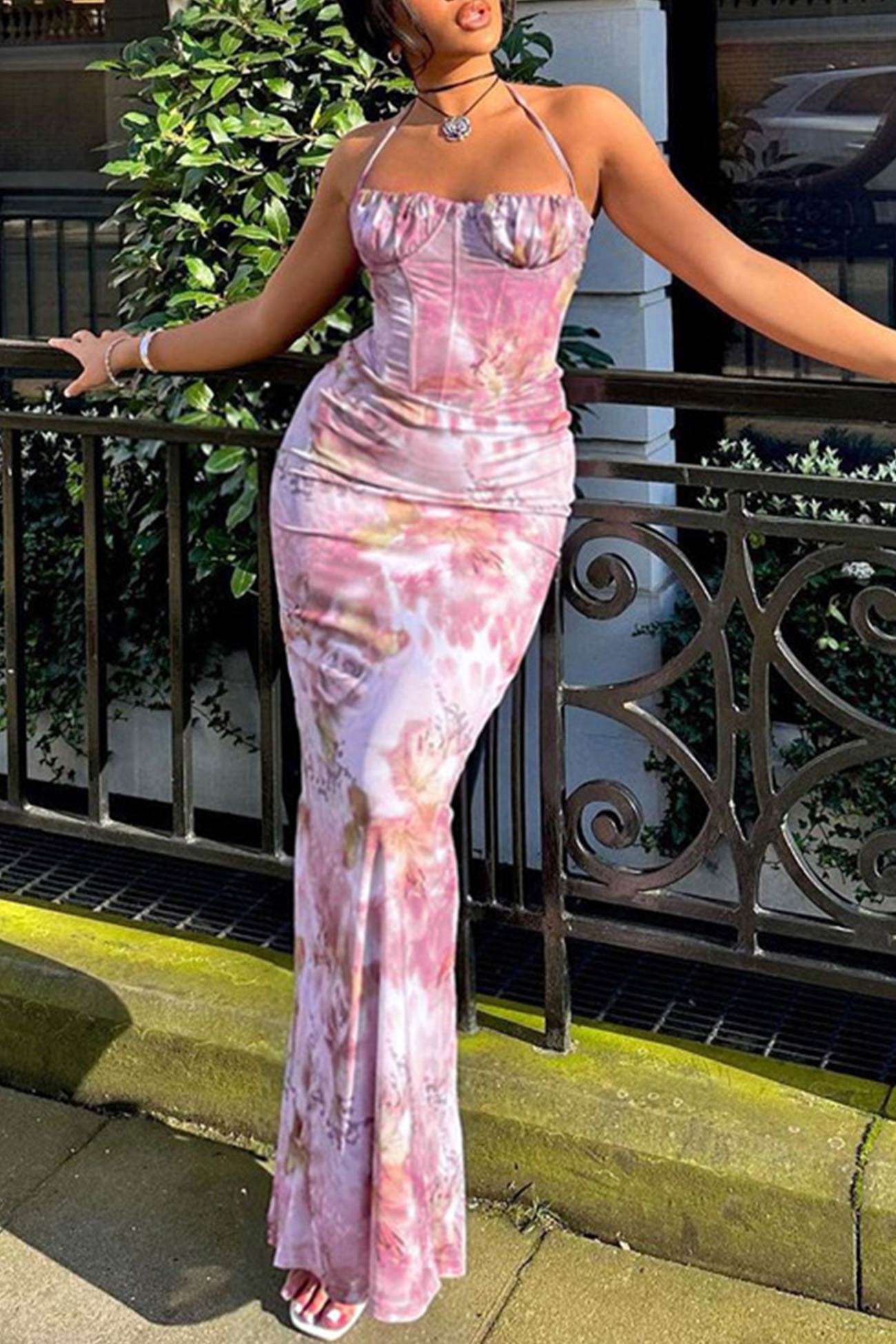 Floral Print Halter Croset Pack Hip Dress