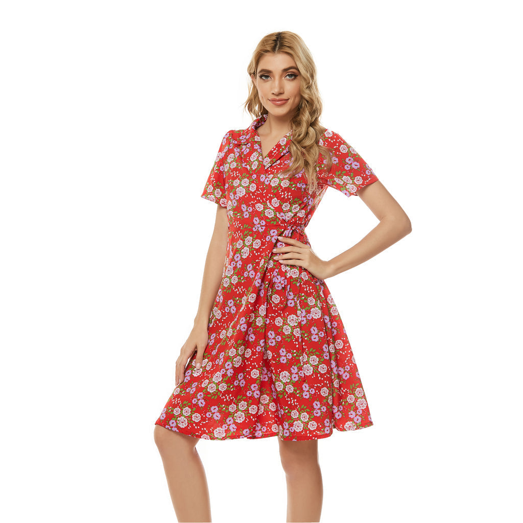 Floral Print V-Neck Short Sleeve Wrap Mini Dress