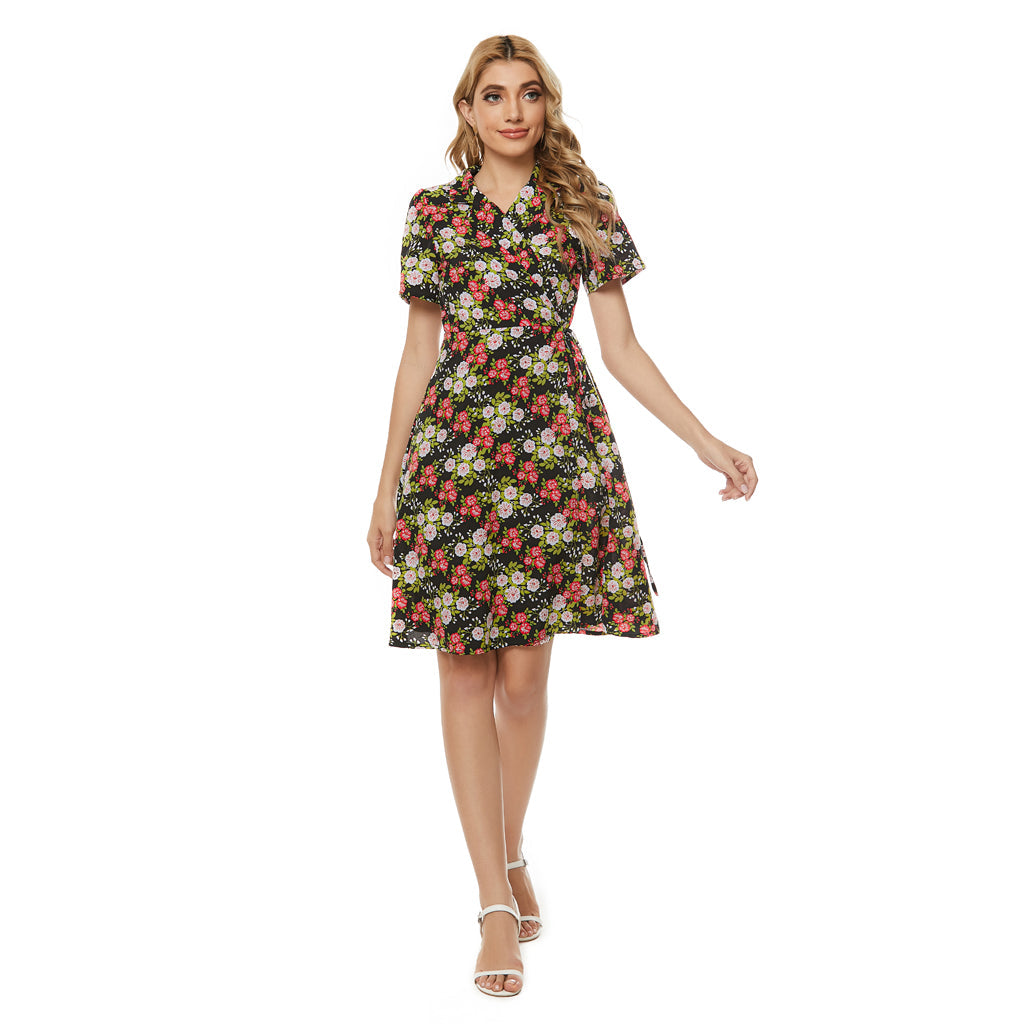 Floral Print V-Neck Short Sleeve Wrap Mini Dress