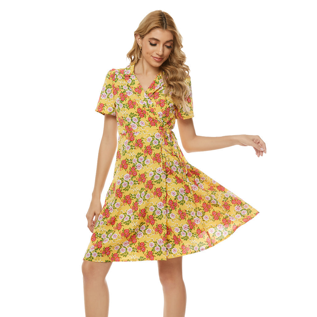 Floral Print V-Neck Short Sleeve Wrap Mini Dress