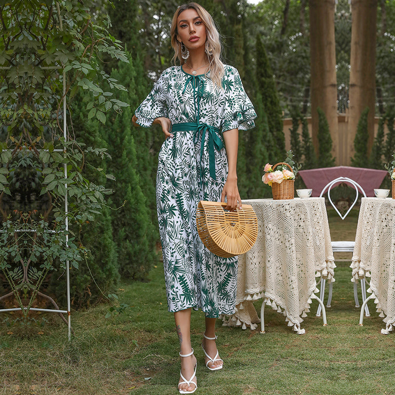 KittenAlarm - Floral Print Ruffle Hem Sleeve Belted Dress