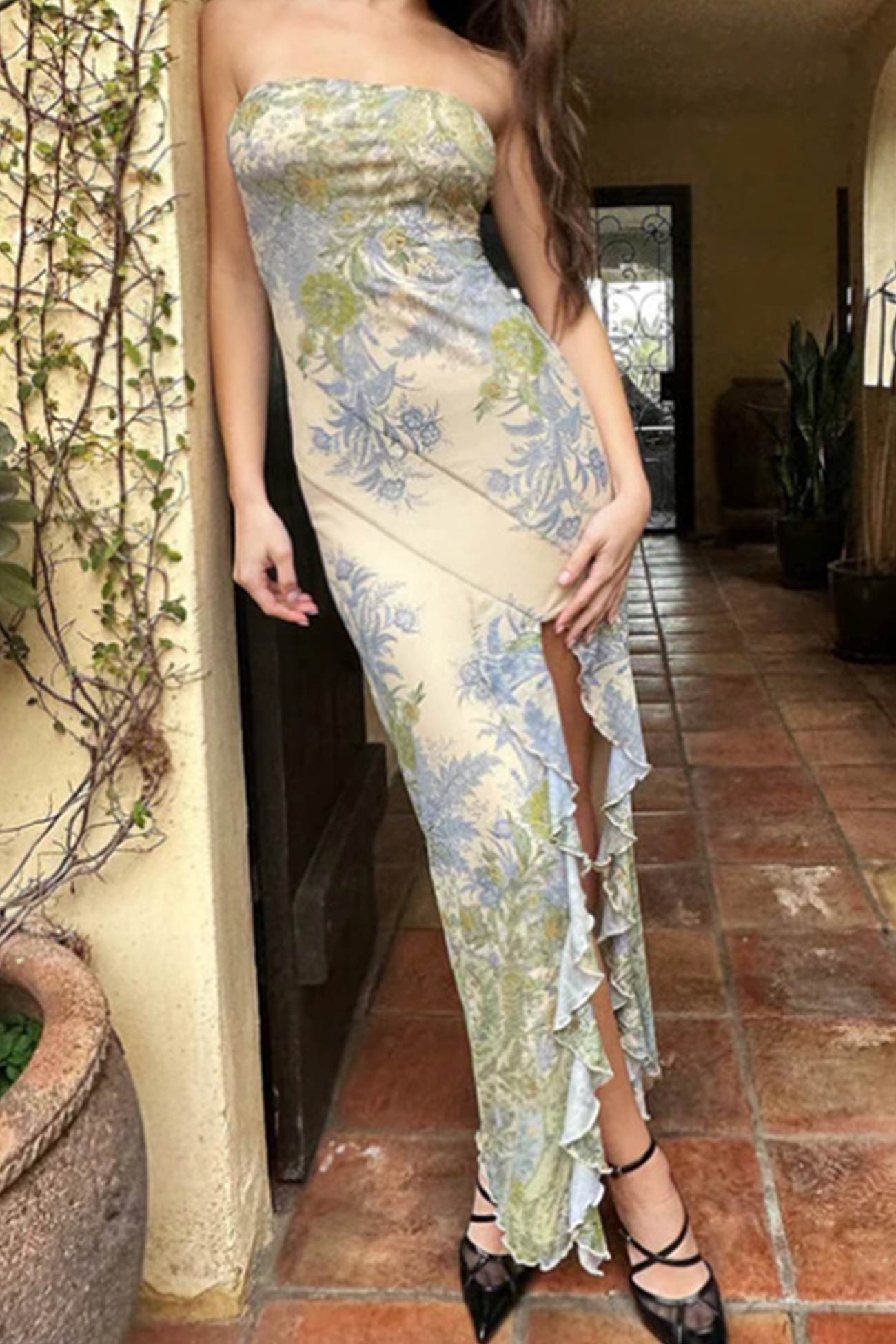 Floral Print Ruffle Slit Strapless Dress