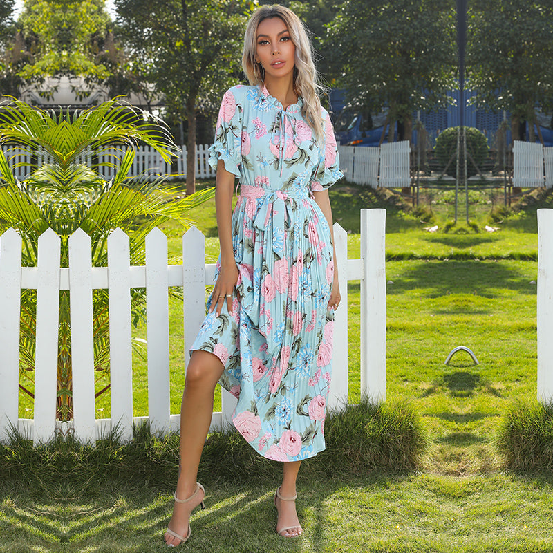 KittenAlarm - Floral Print Tie & Ruffle Neck Pleated A-line Dress