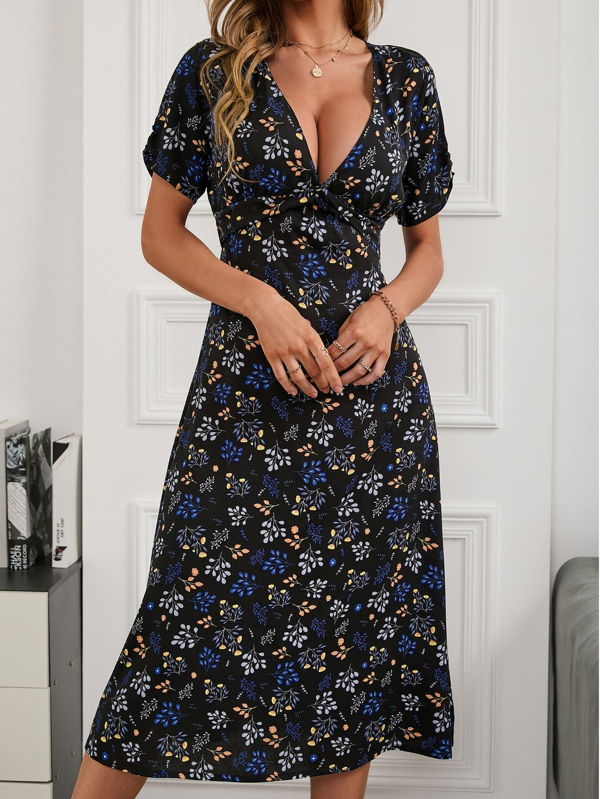 KittenAlarm - Floral Print V Neck Dress