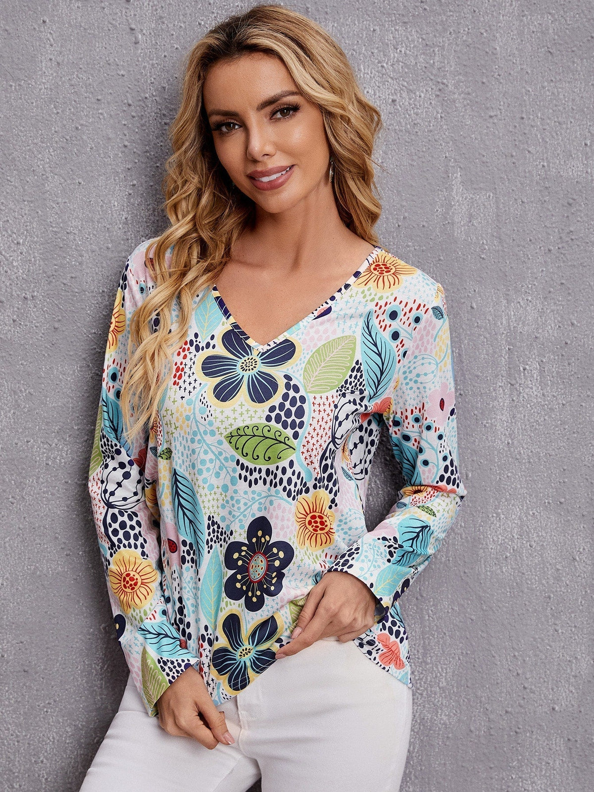 KittenAlarm - Floral Print V Neck Tee