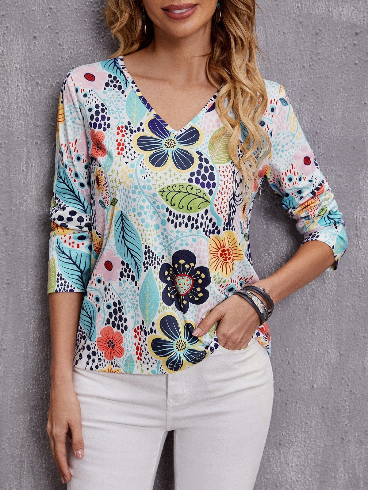 KittenAlarm - Floral Print V Neck Tee