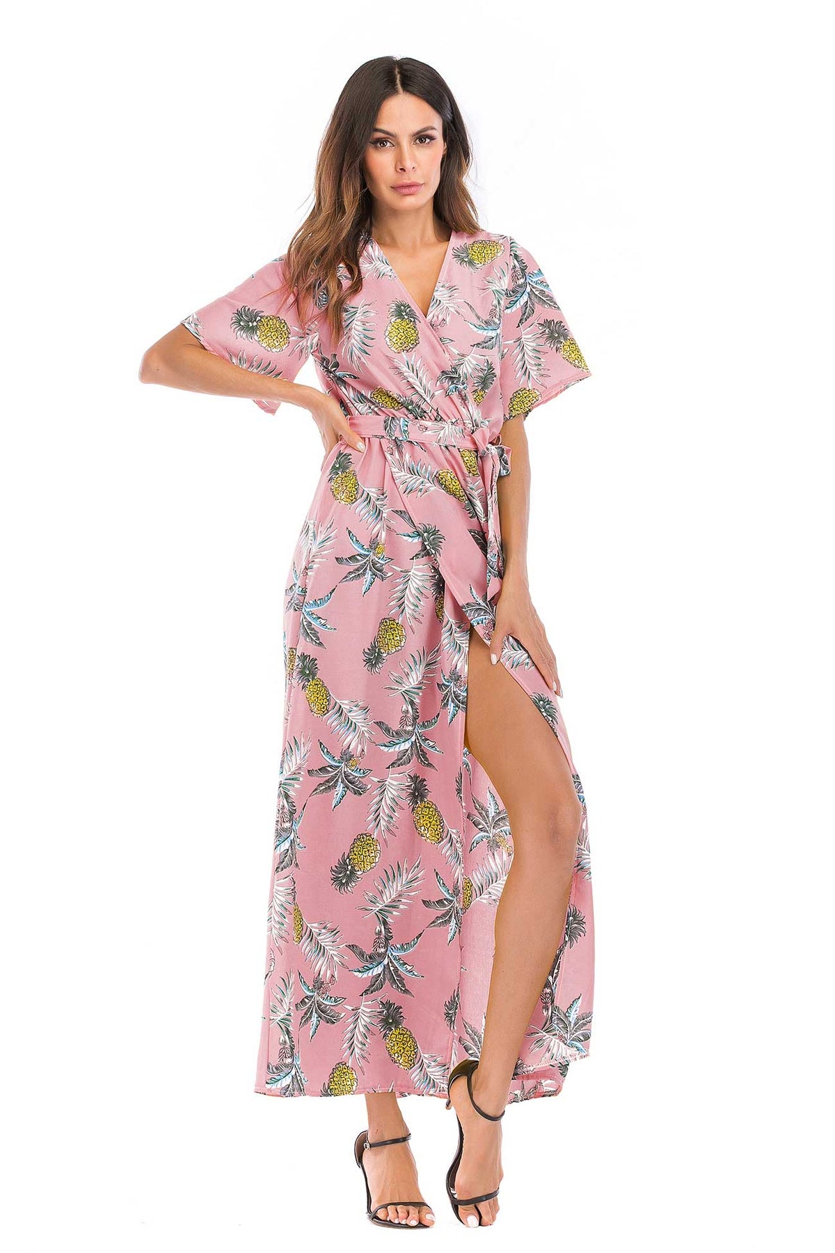 Floral Print V-neck Tie Front Slit Maxi Dress - Mislish