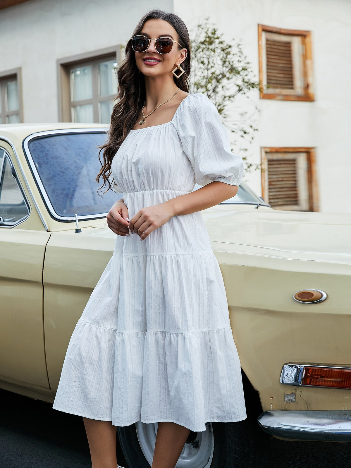 Square Neck Puff Sleeve Tiered A-Line Midi Dress