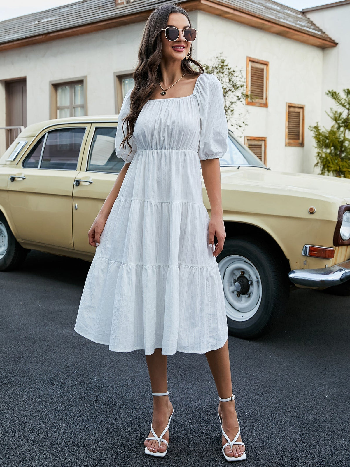 Square Neck Puff Sleeve Tiered A-Line Midi Dress