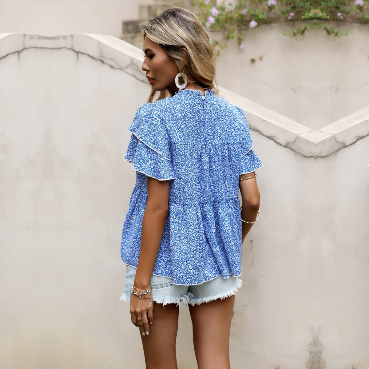 KittenAlarm - Floral Round Neck Short Sleeve Top Blue Loose Printed Chiffon Shirt