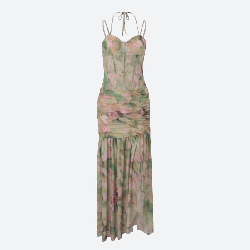 Floral Ruched Maxi Dress - Fashionpara