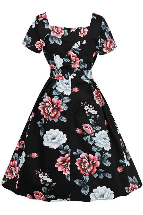 Floral Square Neck Belt Vintage Dress