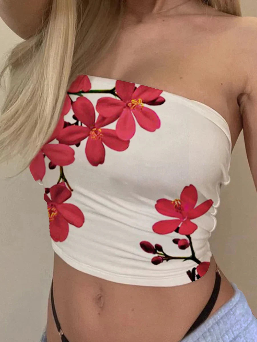 Strapless Floral Bandeau Tube Top Slim Fit Summer Crop Top