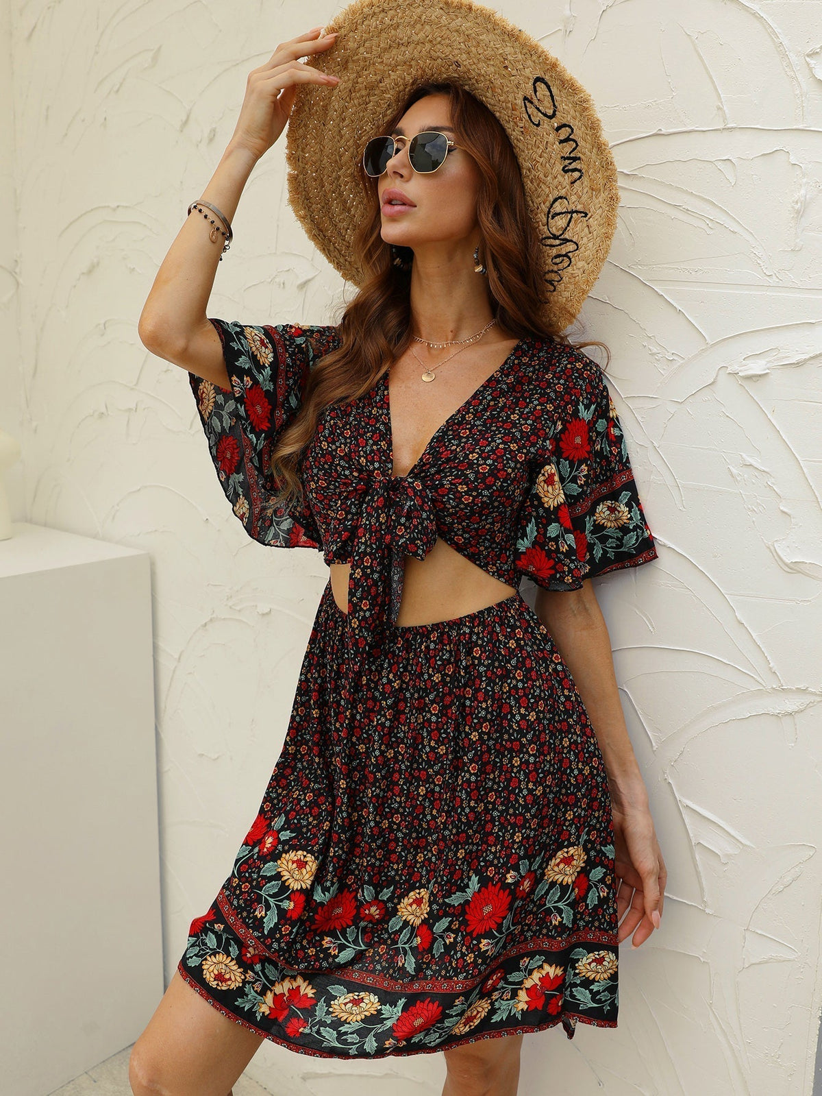 Floral Print V-Neck Flutter Sleeve Tie Front Cutout Mini Dress
