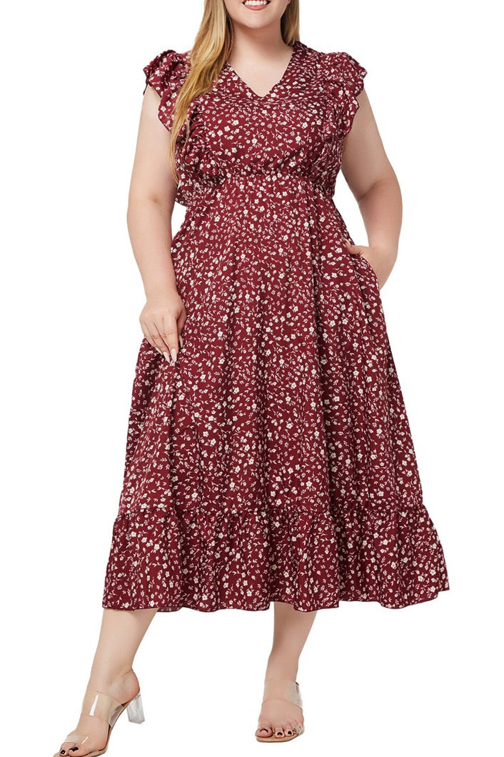 Floral Print V-Neck Flutter-Sleeve Tiered Maxi Dress