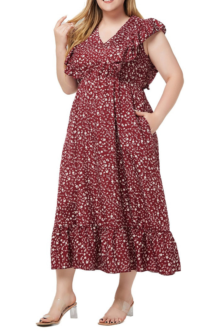 Floral Print V-Neck Flutter-Sleeve Tiered Maxi Dress 3