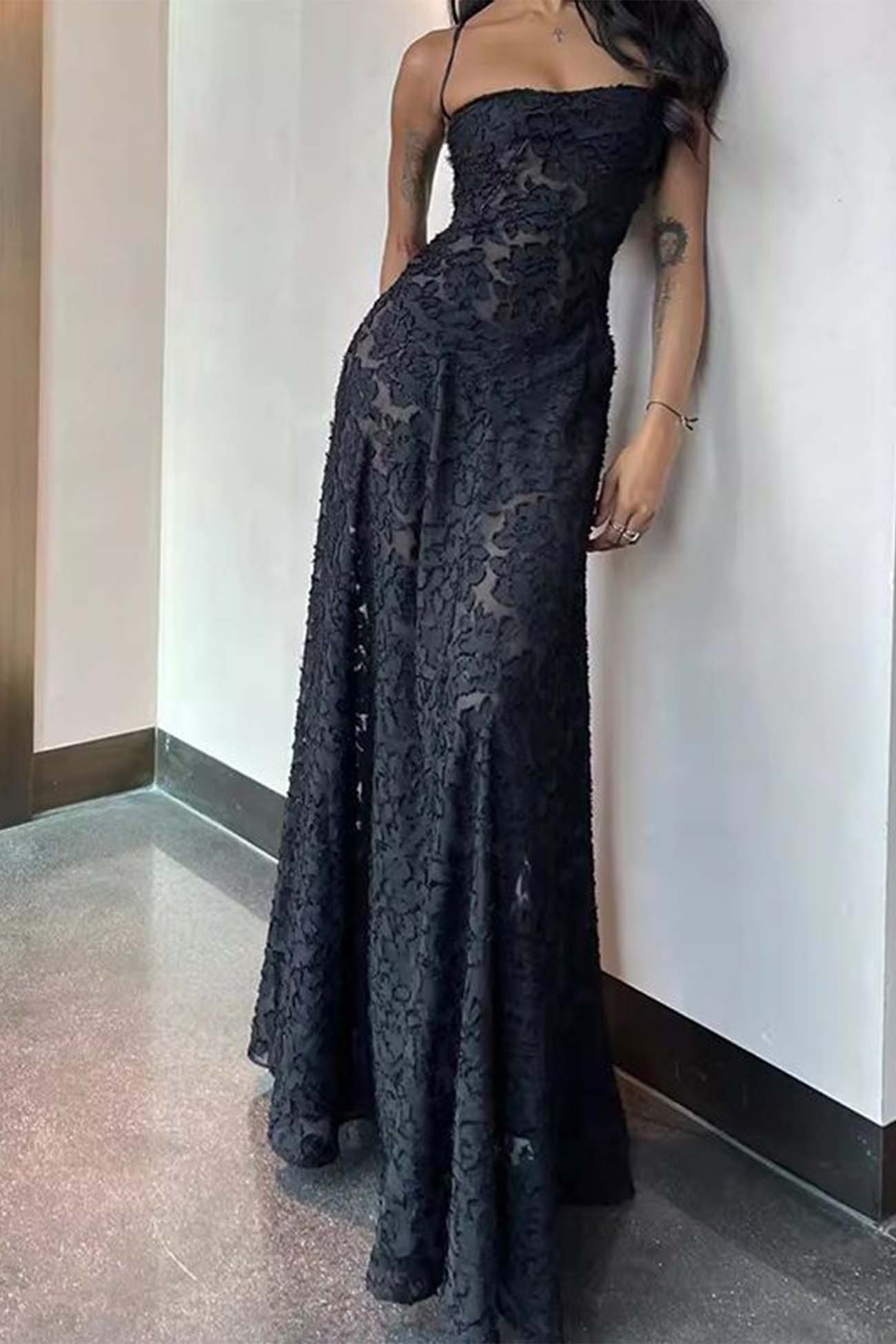 Floral Jacquard Tassel Lace Up Maxi Dress