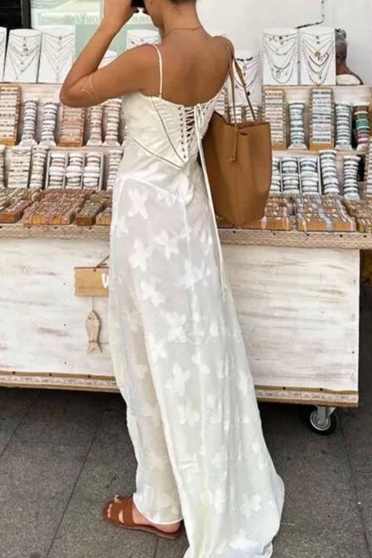 Floral Jacquard Tassel Lace Up Maxi Dress