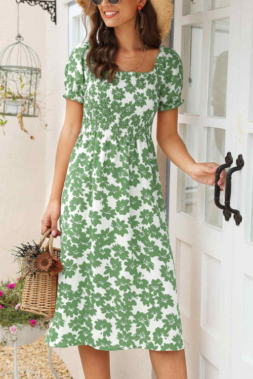 Floral Print Side Slit Smocked Dress - Mislish