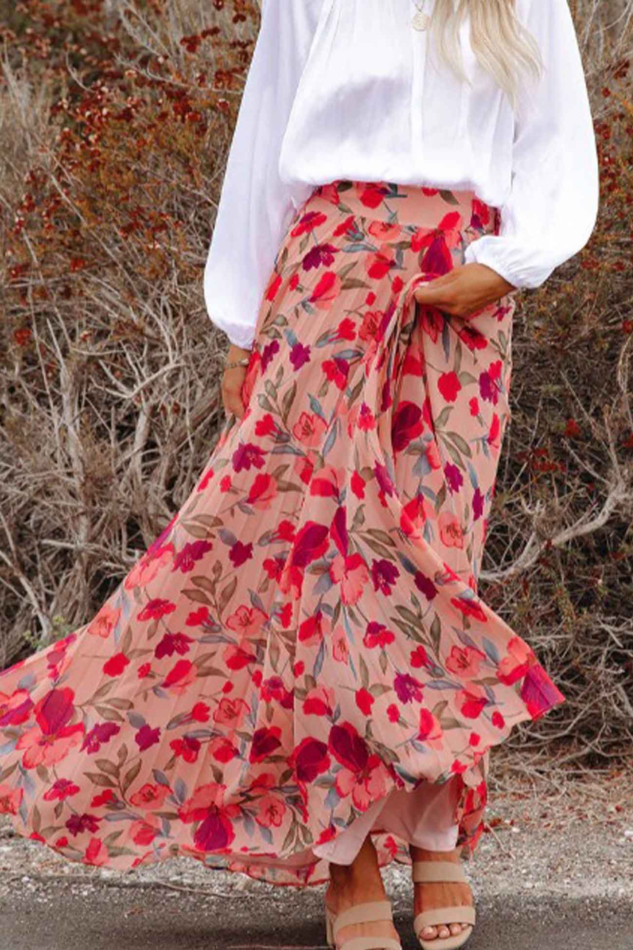 Floral Printed Elastic Waist Pleated Skirt