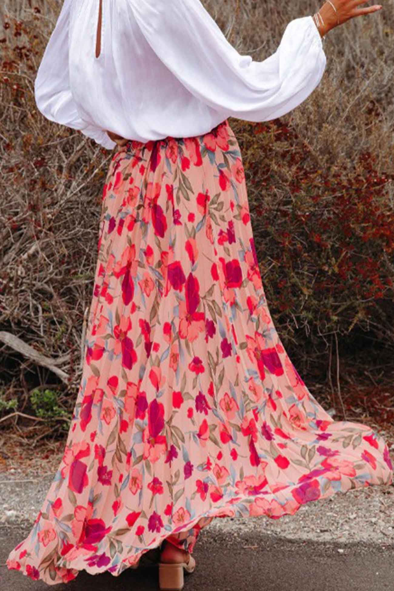 Floral Printed Elastic Waist Pleated Skirt