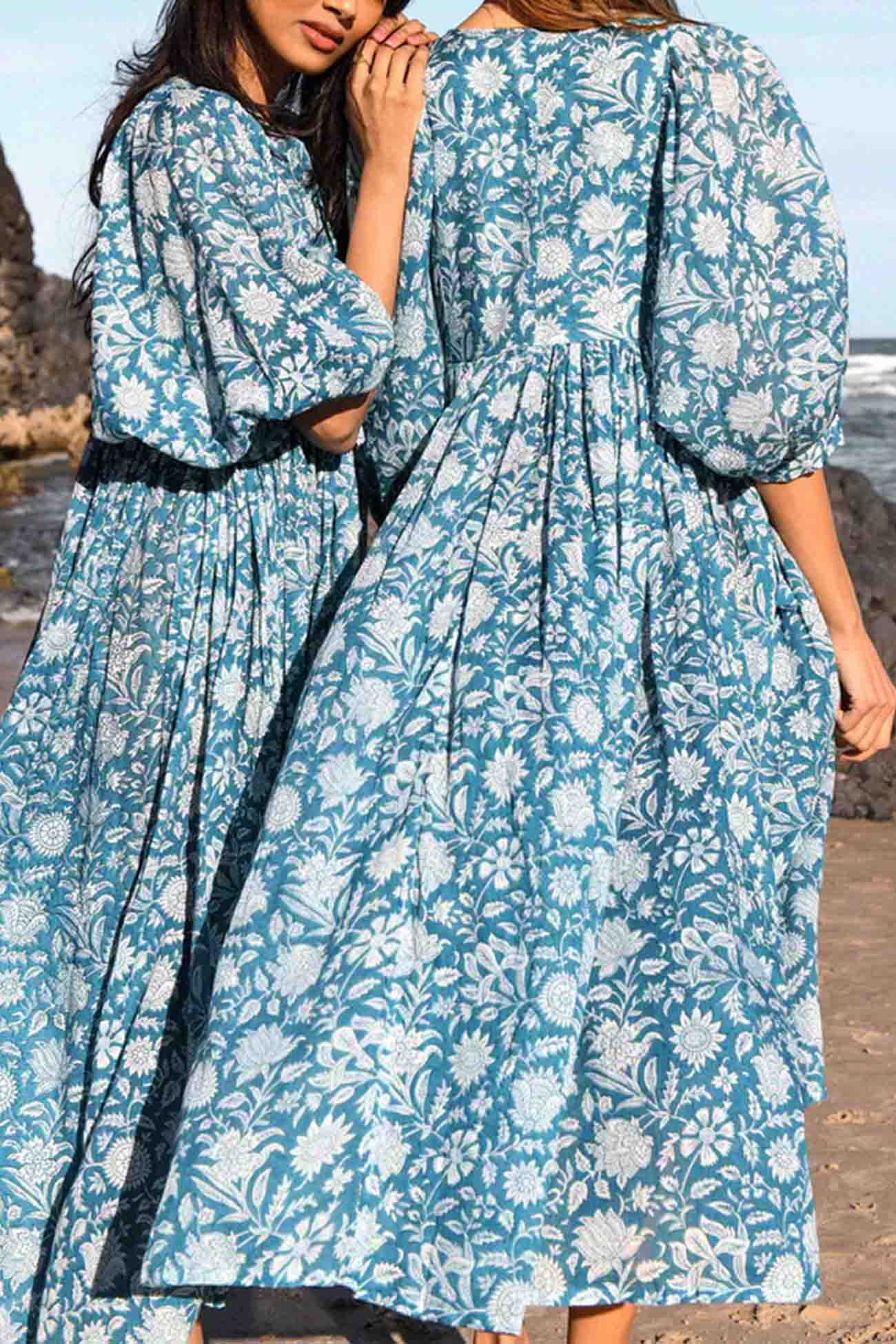 Floral Printed Lantern Sleeve V Neck Midi Dress