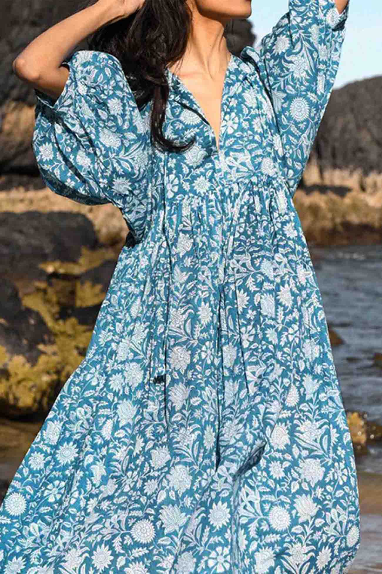 Floral Printed Lantern Sleeve V Neck Midi Dress