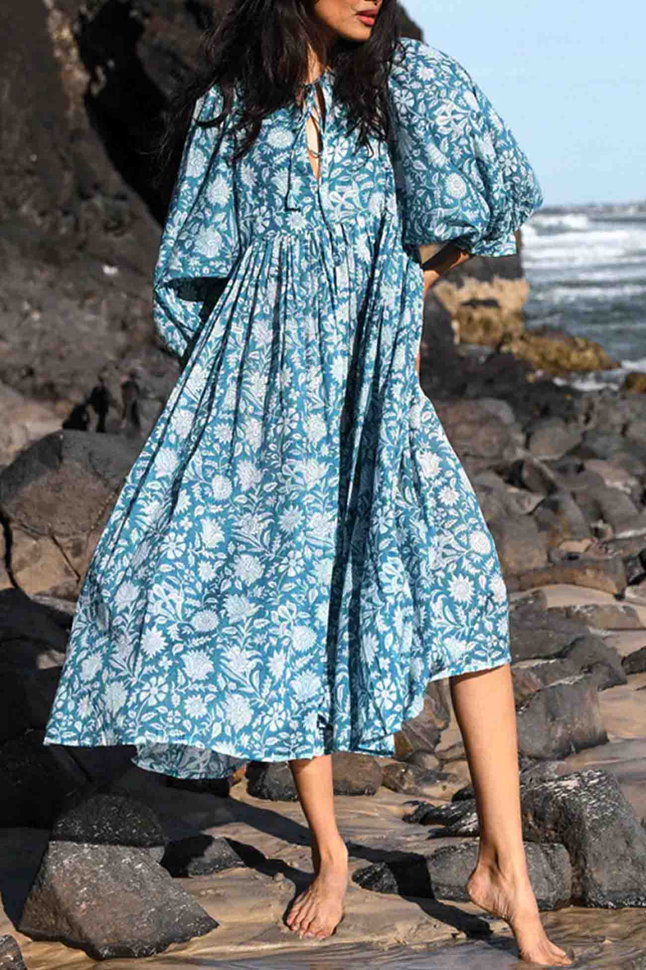 Floral Printed Lantern Sleeve V Neck Midi Dress