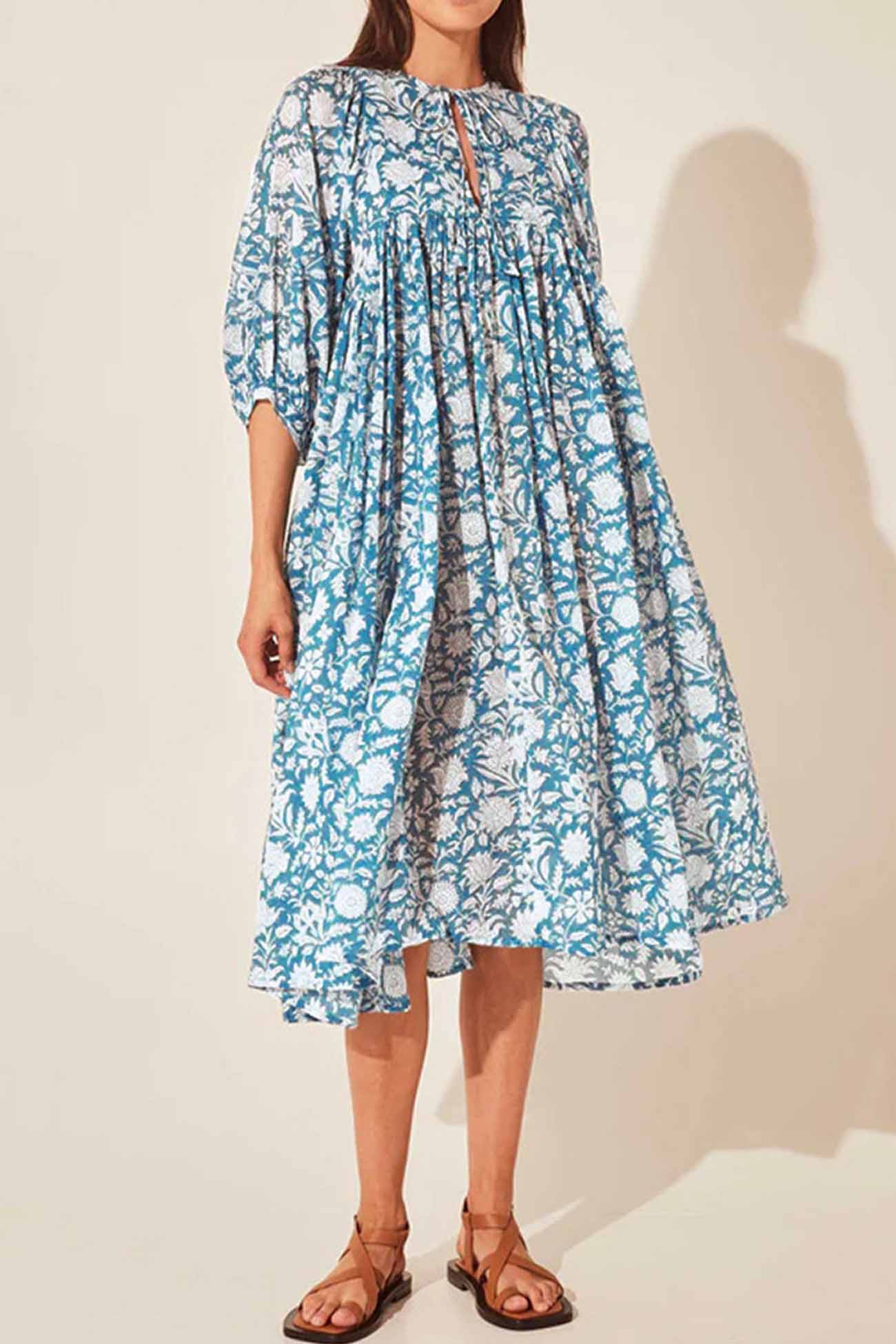 Floral Printed Lantern Sleeve V Neck Midi Dress