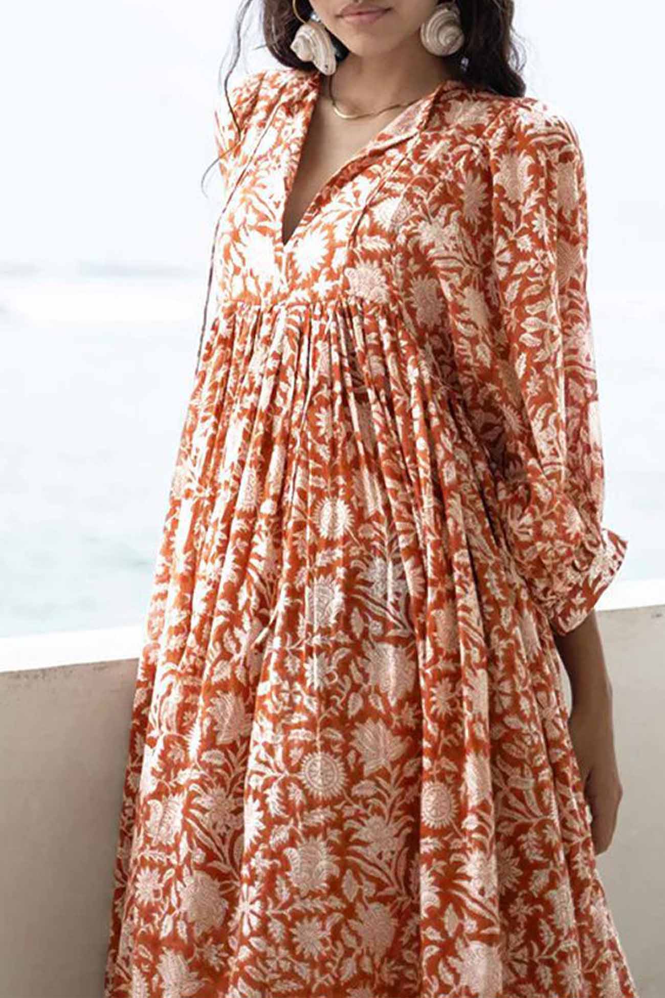 Floral Printed Lantern Sleeve V Neck Midi Dress