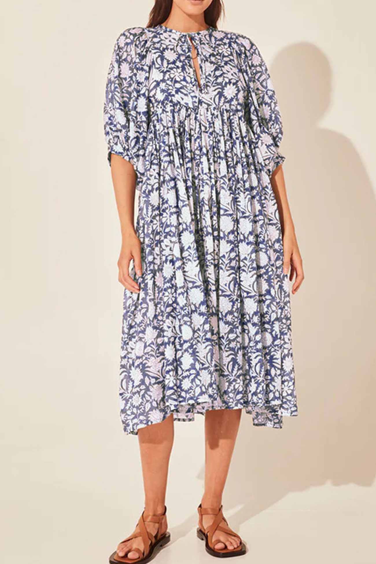 Floral Printed Lantern Sleeve V Neck Midi Dress