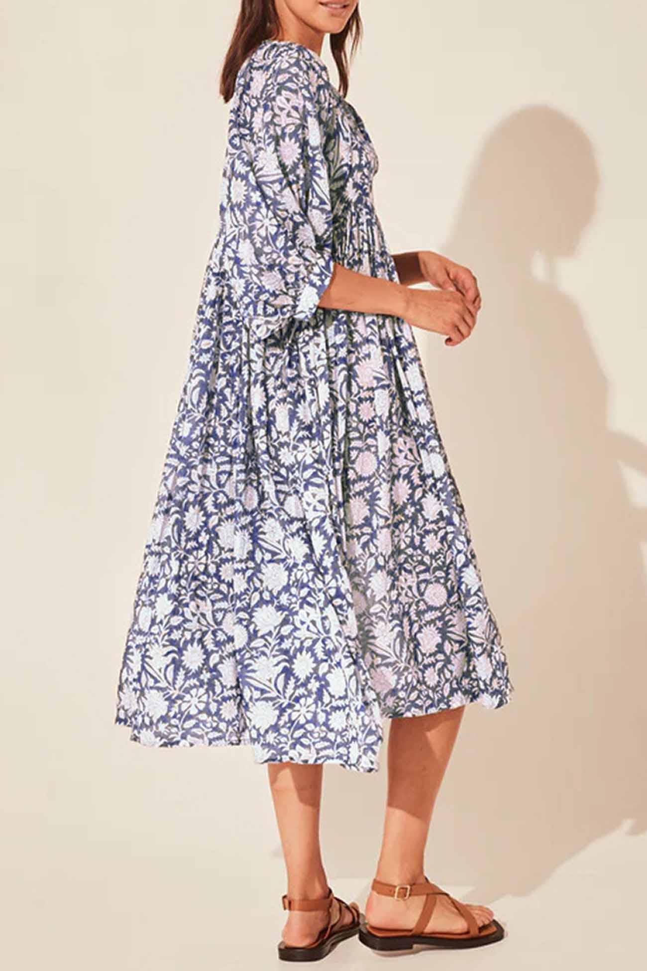 Floral Printed Lantern Sleeve V Neck Midi Dress