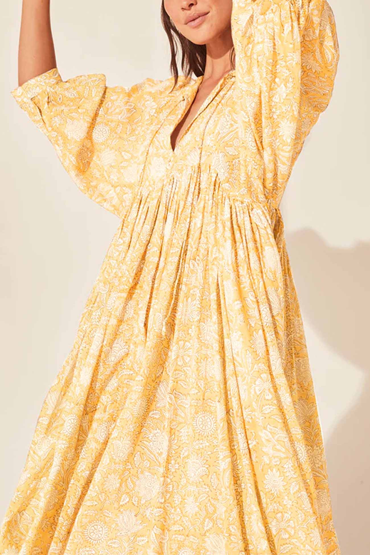 Floral Printed Lantern Sleeve V Neck Midi Dress