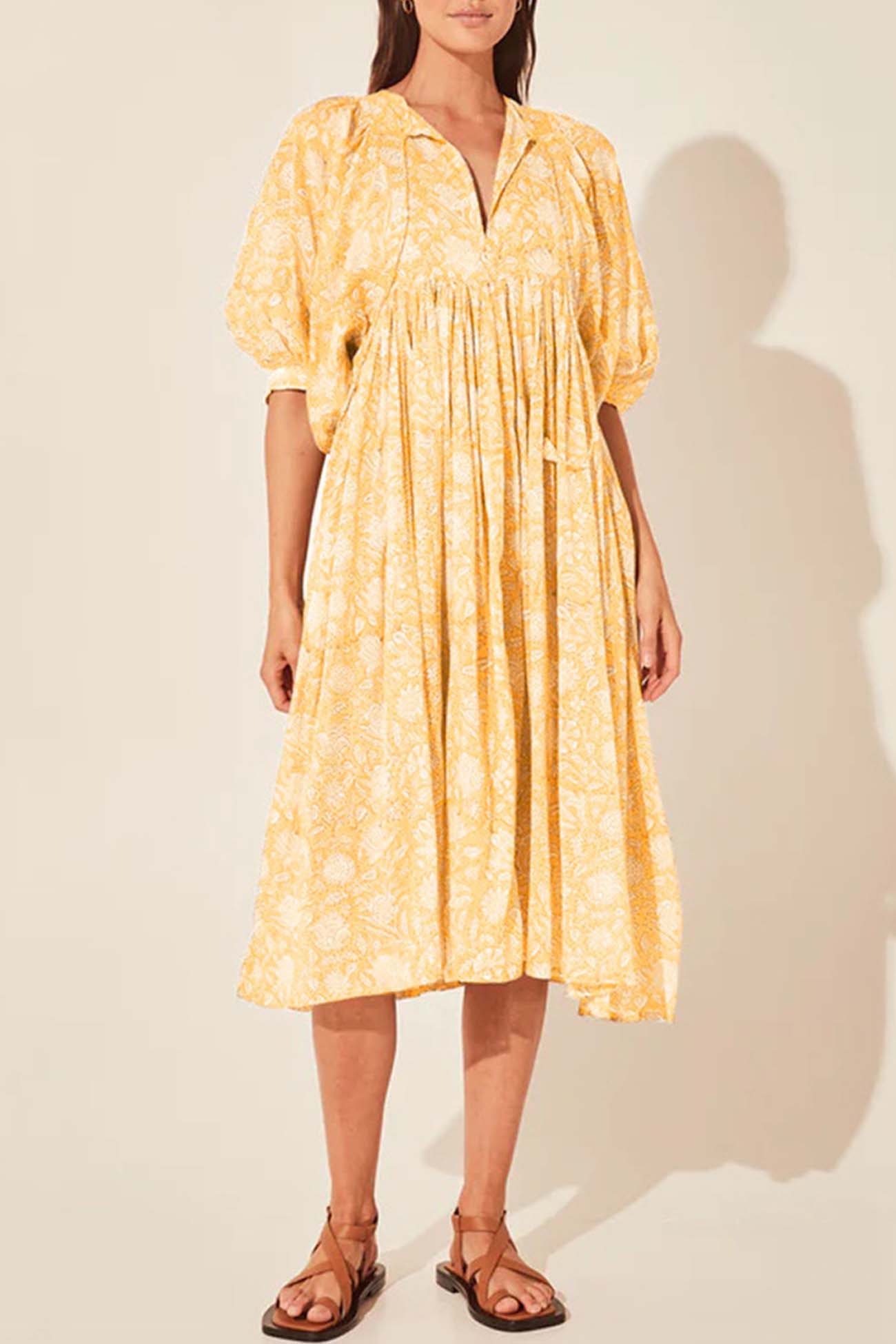 Floral Printed Lantern Sleeve V Neck Midi Dress