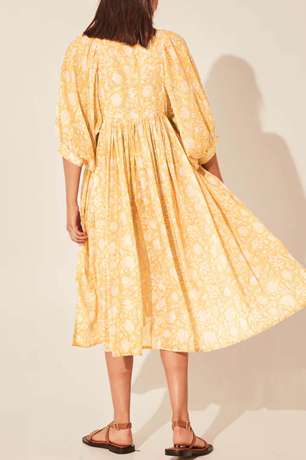 Floral Printed Lantern Sleeve V Neck Midi Dress