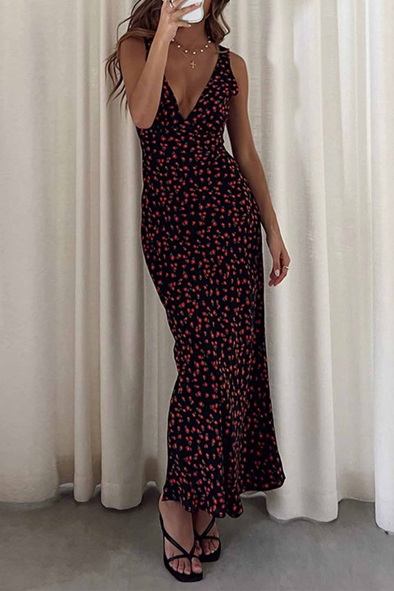 Floral Printed Sleeveless V Neck Midi Dress