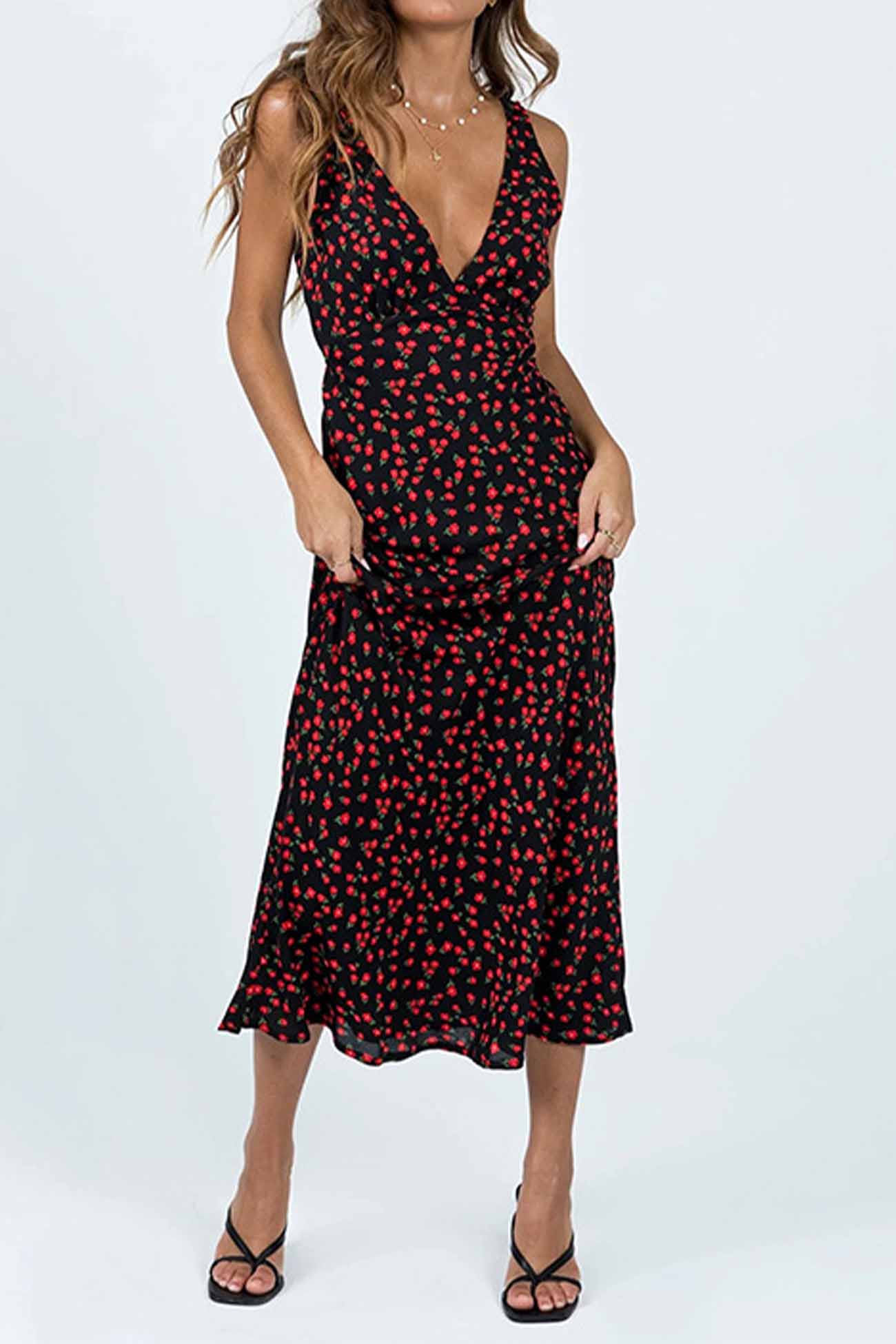 Floral Printed Sleeveless V Neck Midi Dress