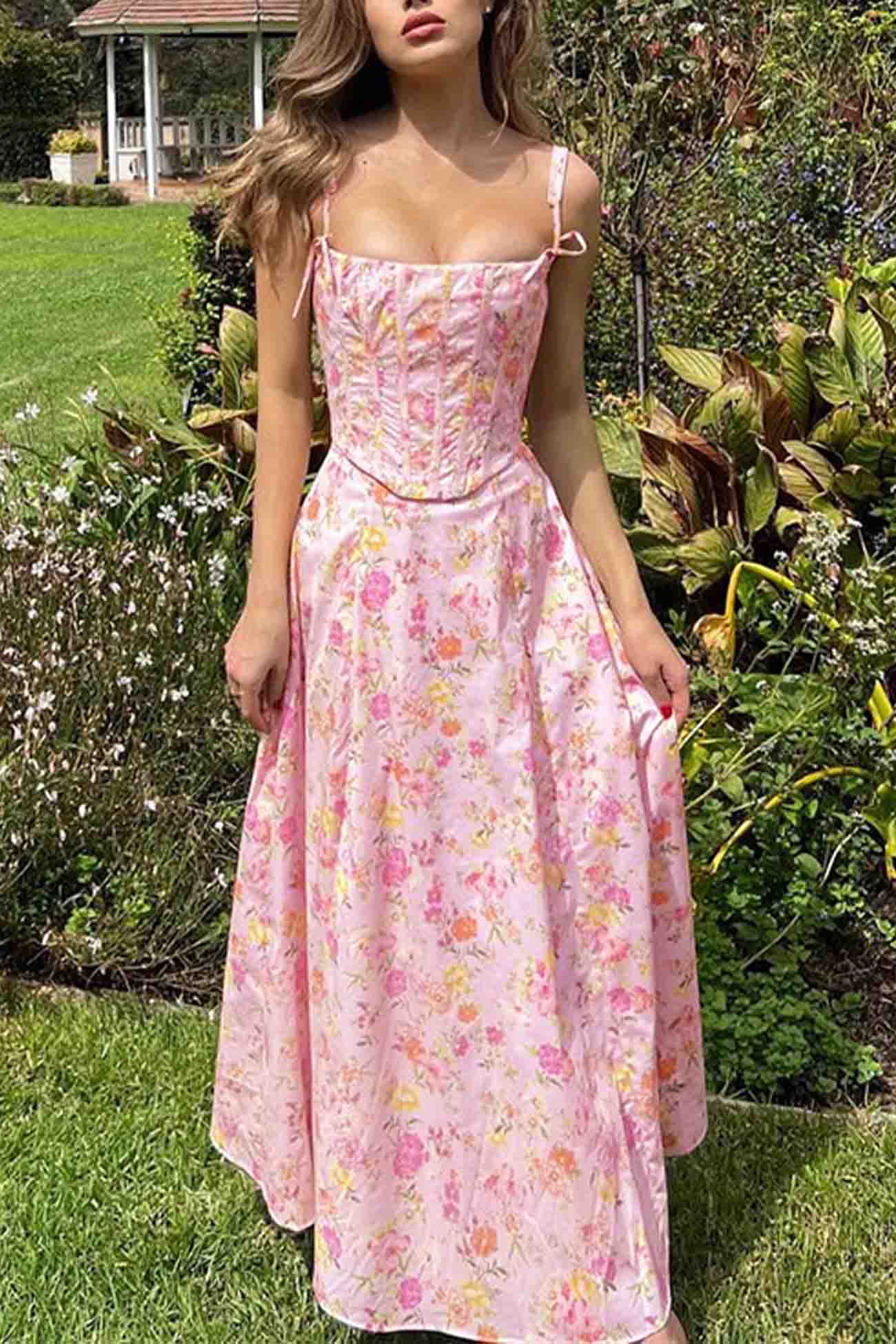 Floral Shoulder Straps Corset A-Line Dress - Fashionpara