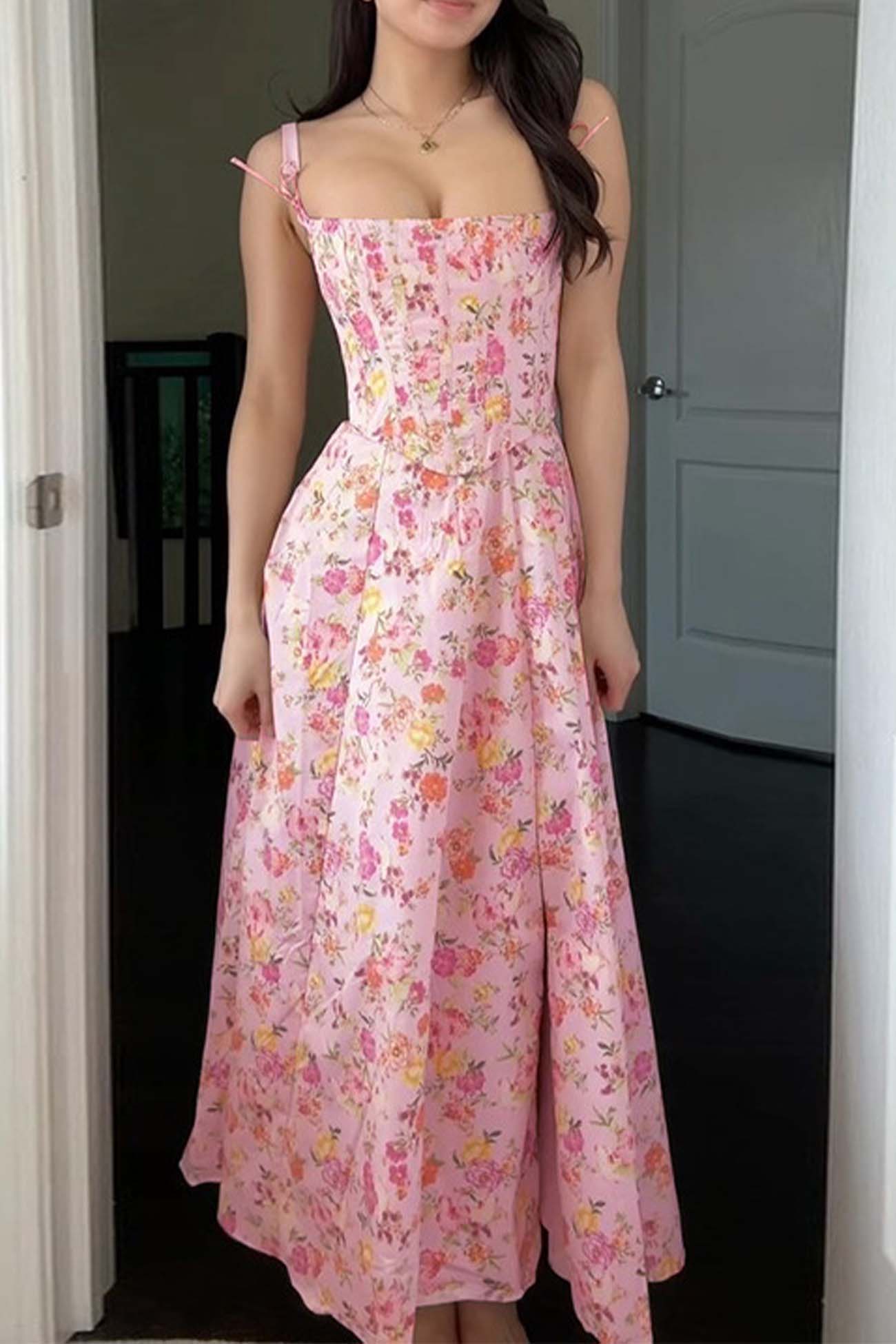 Floral Shoulder Straps Corset A-Line Dress - Fashionpara