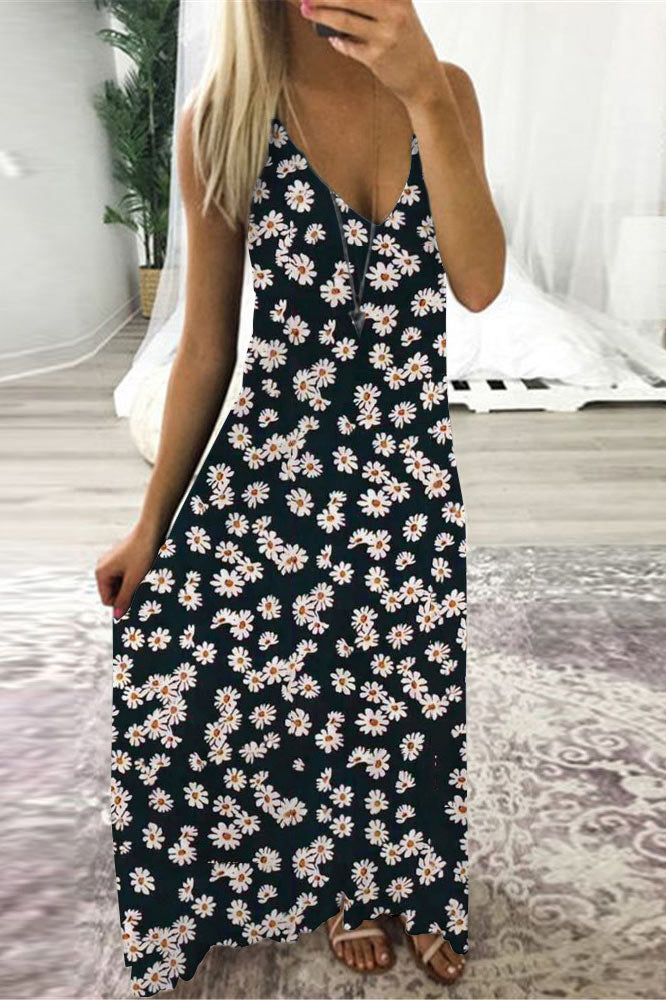 Floral Print V-Neck Spaghetti Strap Slip Maxi Dress 3