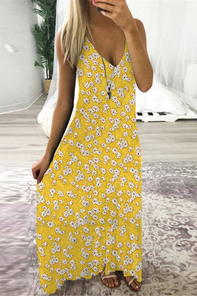 Floral Print V-Neck Spaghetti Strap Slip Maxi Dress