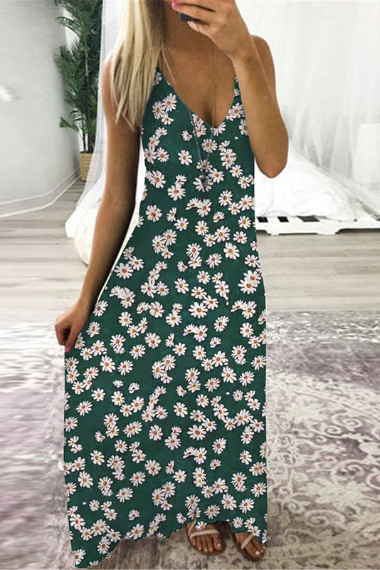 Floral Print V-Neck Spaghetti Strap Slip Maxi Dress 2