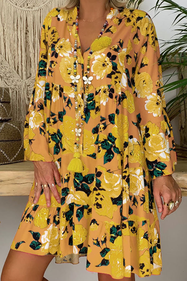 Floral Half Placket Button Up Swing Dress - Mislish