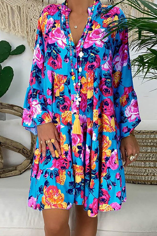 Floral Half Placket Button Up Swing Dress - Mislish
