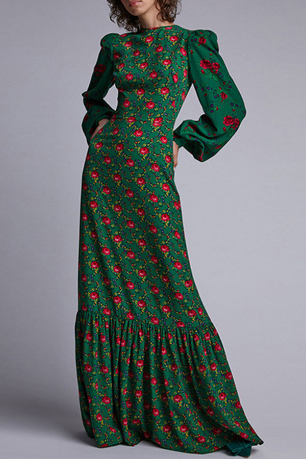 Floral Ruffle Lantern Sleeve Long Dress - Mislish