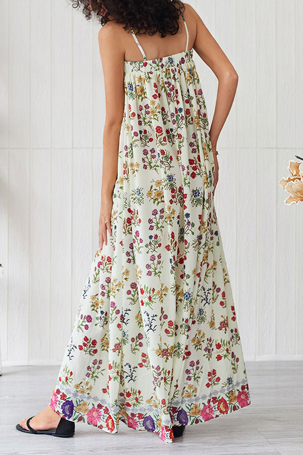 Floral Print Square Neck Spaghetti Strap Maxi Dress