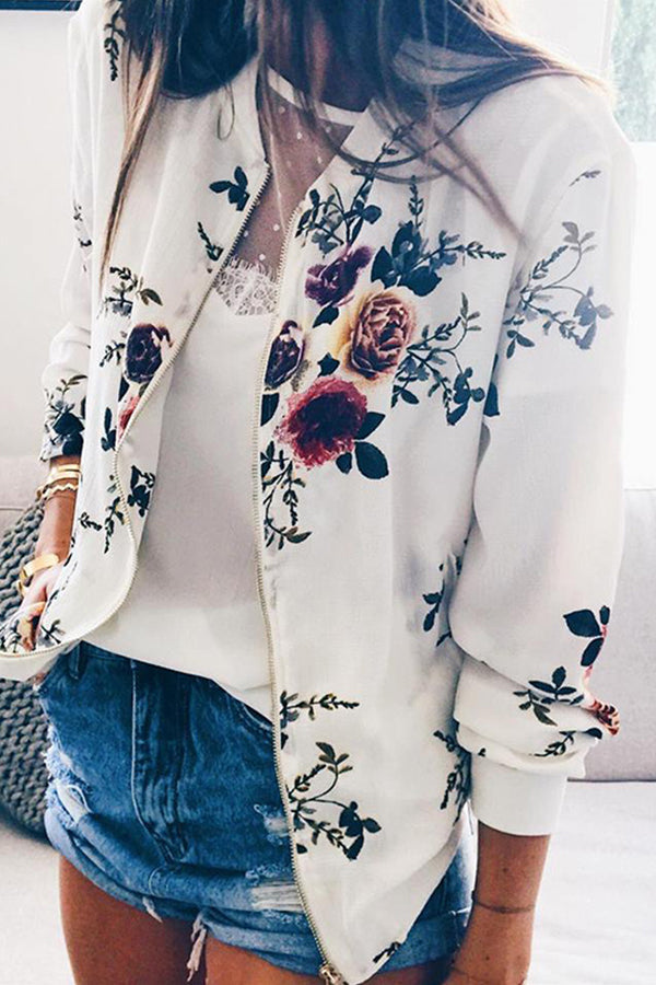 Floral Round Neck Zip Up Jacket - Mislish