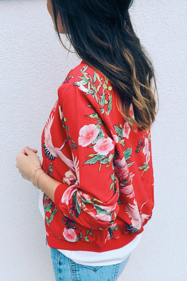 Floral Round Neck Zip Up Jacket