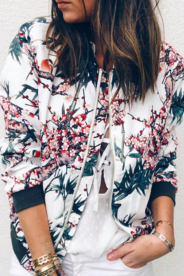 Floral Round Neck Zip Up Jacket - Mislish