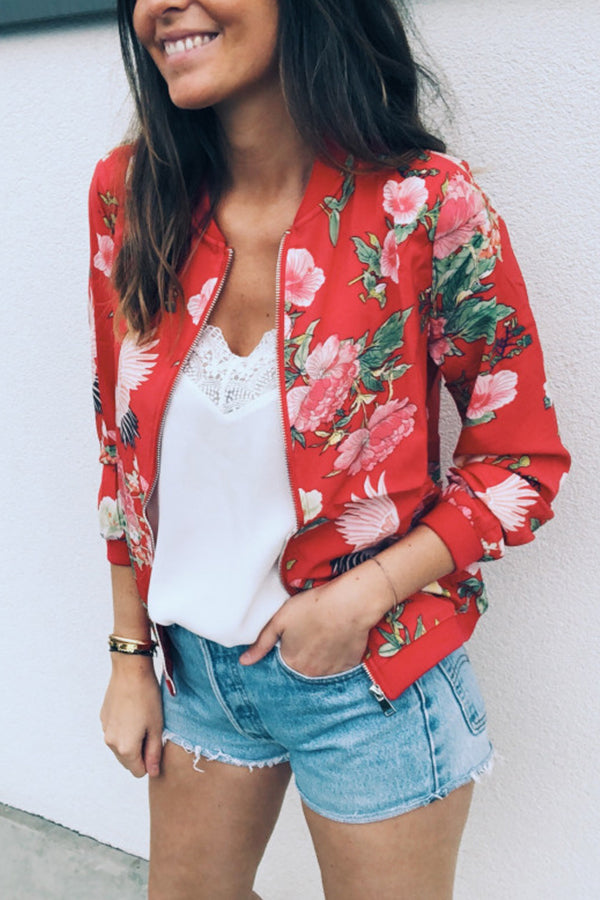 Floral Round Neck Zip Up Jacket - Mislish